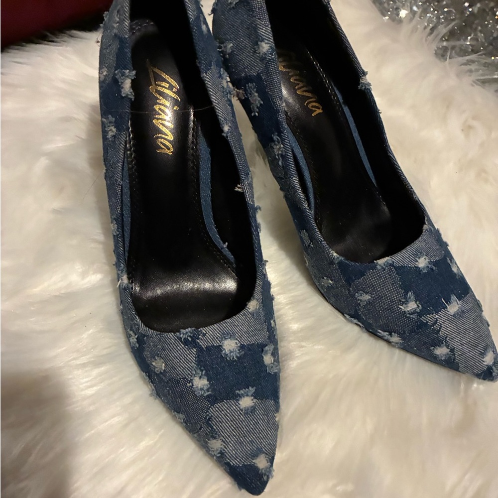 Anna Distressed Denim Pointed-Toe Pumps - Dark Blue